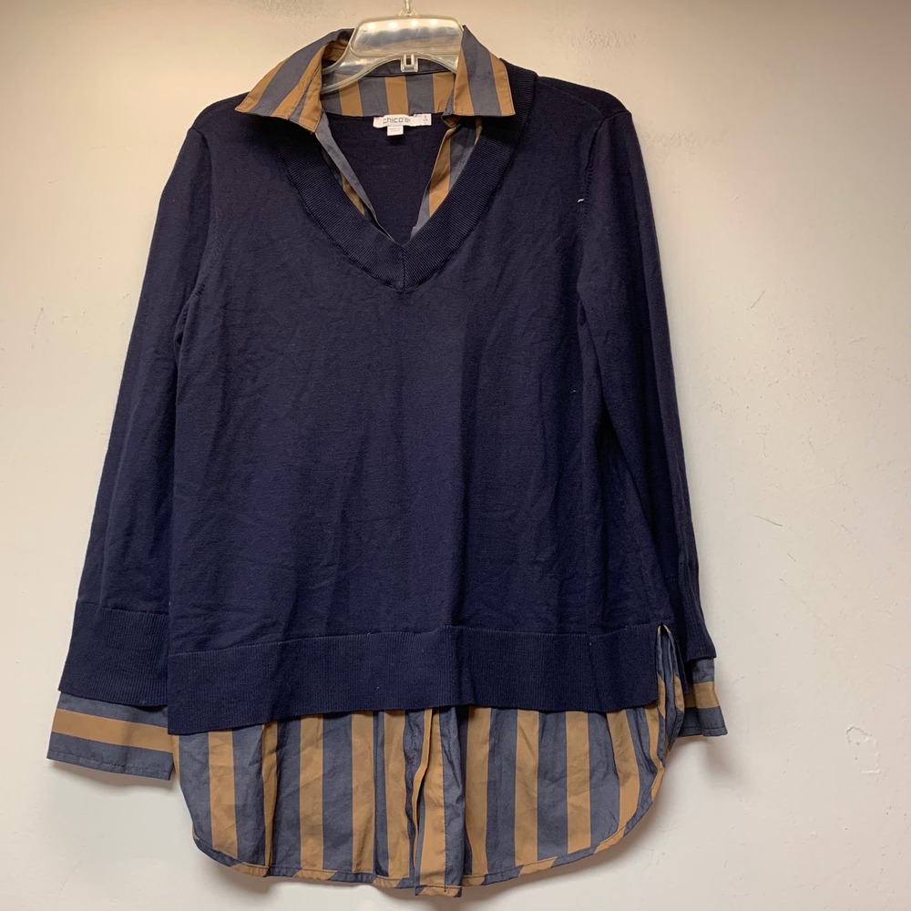 Chico's Layered Sweater Top Womens 2 L Navy Blue Excellent V-Neck Mixed Media